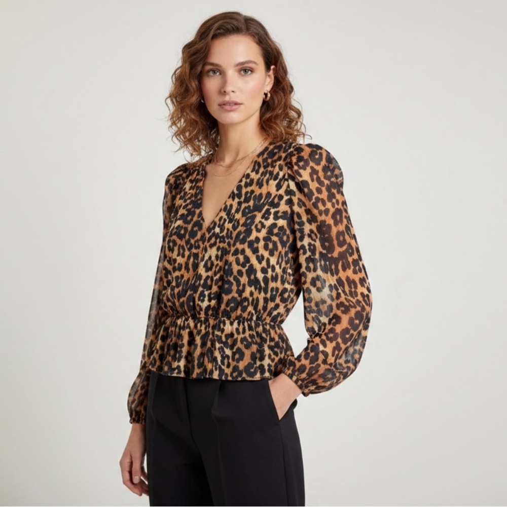 Tahari Leopard Print V Neck Peplum Blouse